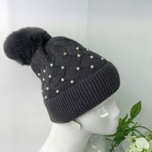 Load image into Gallery viewer, 033-PomPom Pearl Hat-Dark Grey