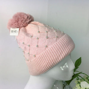 033-PomPom Pearl Hat- Pink