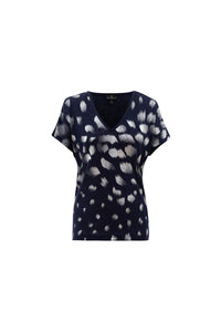 6547- Navy T-Shirt with Metallic Leaf Print Detail- Marble