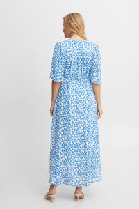 1895- V Neck Long Dress with Drawstring- Blue Print- Fransa