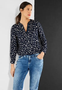 343647- Long Sleeve Printed V Neck Blouse- Deep Navy- Street One