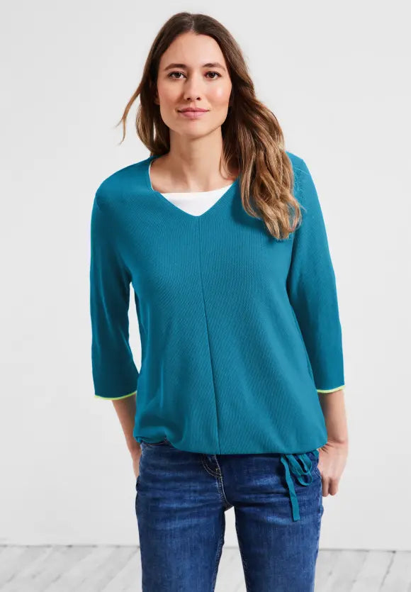 302319- V Neck Jumper w/ Drawstring Hem- Caribbean Blue- Cecil