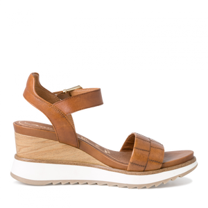 28015- Brown Leather Wedge Sandal- Tamaris