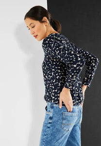 343647- Long Sleeve Printed V Neck Blouse- Deep Navy- Street One