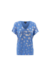6547- Cornflower Blue T-Shirt with Metallic Leaf Print Detail- Marble