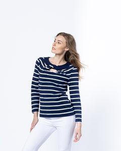 6517-Navy Stripe Print T-Shirt with Twist Neck Detail- Marble