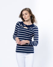 Load image into Gallery viewer, 6517-Navy Stripe Print T-Shirt with Twist Neck Detail- Marble