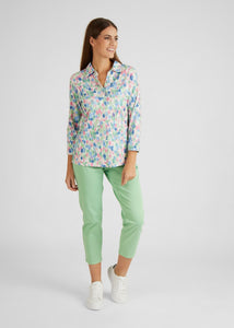 111358- Rabe 3/4 Sleeve Top with Collar- Green Mix