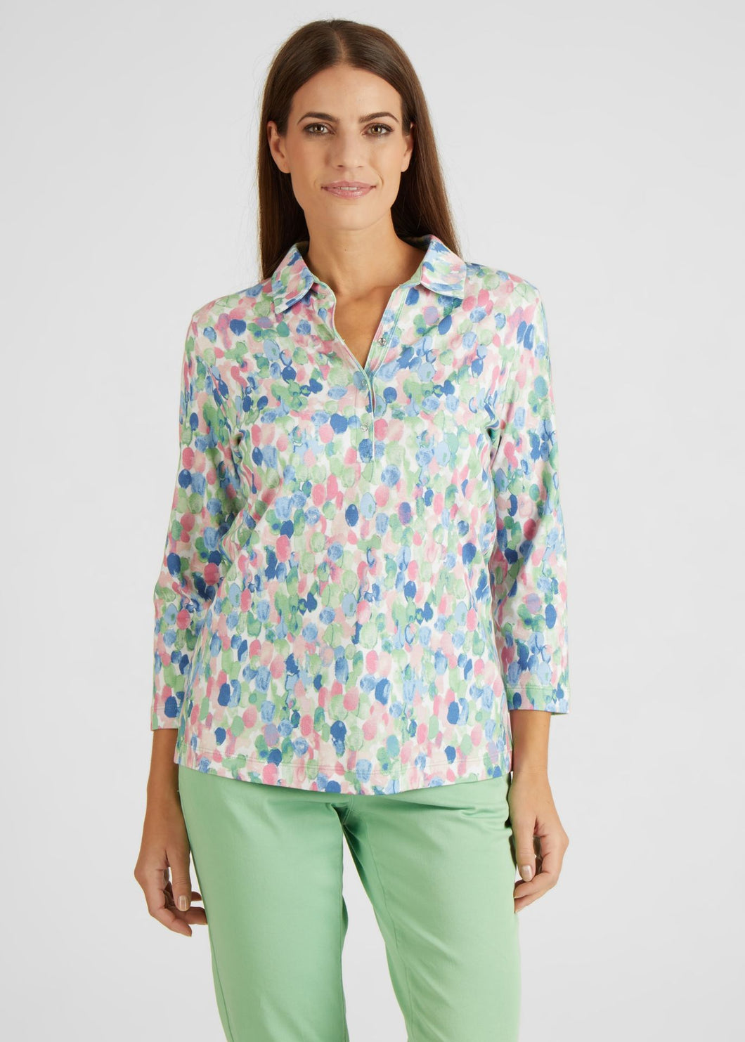 111358- Rabe 3/4 Sleeve Top with Collar- Green Mix