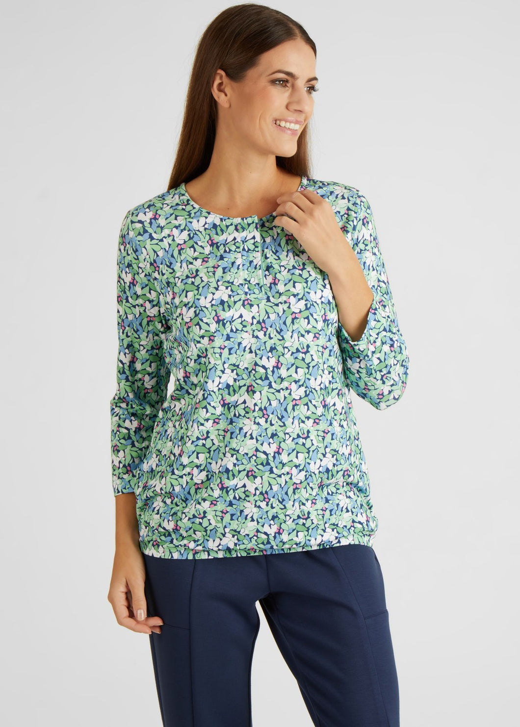 311351- Rabe T-shirt with 3/4 sleeve & button neckline- Green Mix