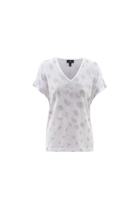 6547- White T-Shirt with Metallic Leaf Print Detail- Marble