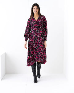 6791- Print Wrap Dress- Black/Pink- Marble