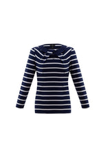 Load image into Gallery viewer, 6517-Navy Stripe Print T-Shirt with Twist Neck Detail- Marble