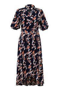 6611-Navy/Orange Print Dress- Marble