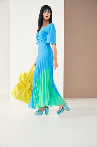 23136-Kate Cooper Pleated Dress with Colour Panel- Ocean Blue