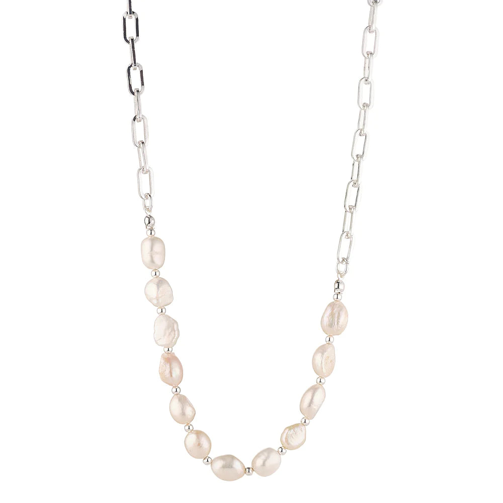 Freshwater Pearl & Paperclip Chain Necklace, Silver- Knight & Day Jewellery