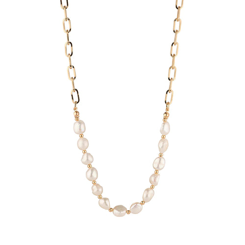Freshwater Pearl & Paperclip Chain Necklace, Gold- Knight & Day Jewellery