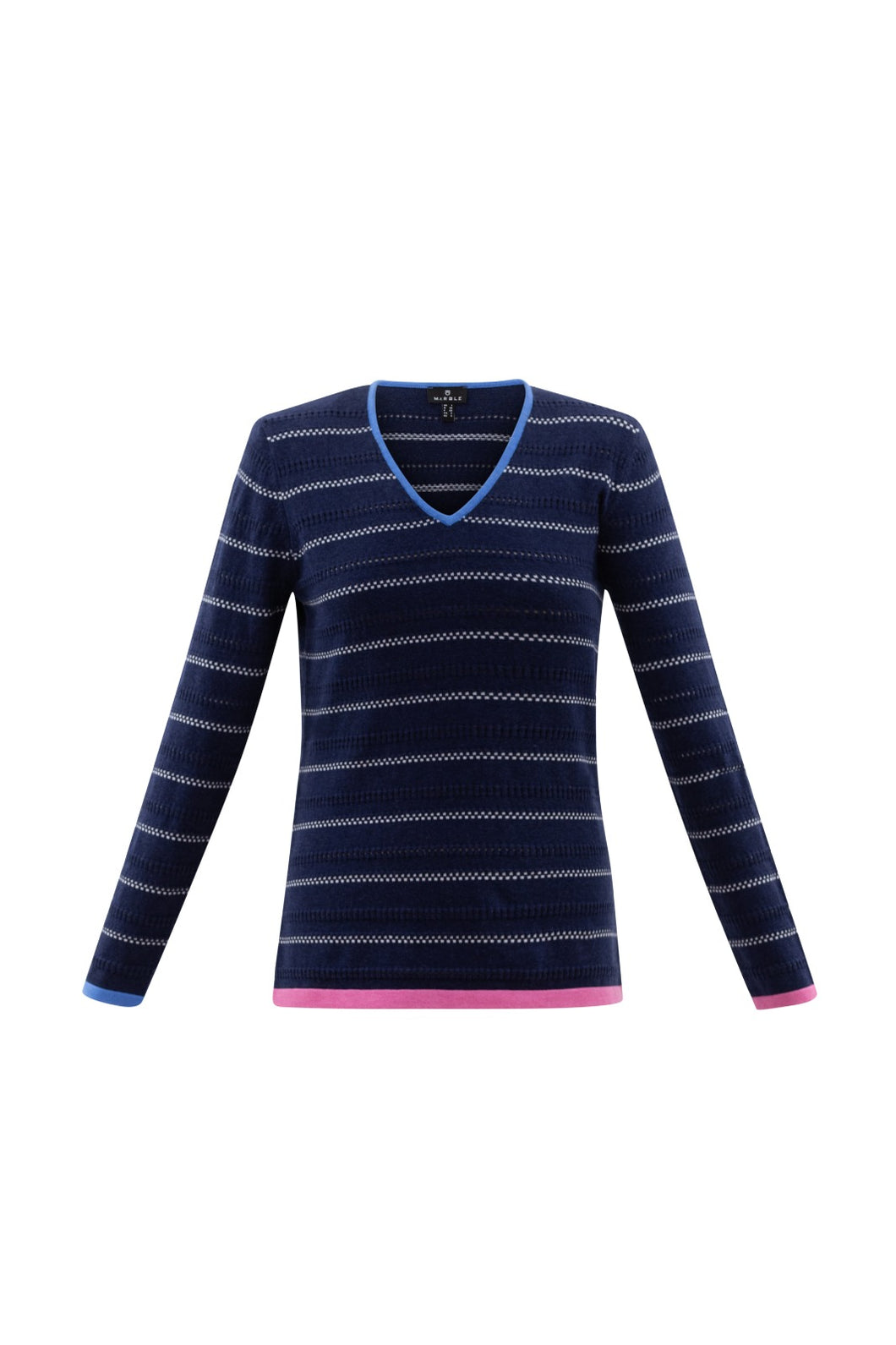 6568- Navy Stripe V-Neck Sweater with Contrast Hem- Marble