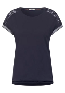 318311- Navy Mesh Sleeve T-Shirt- Cecil