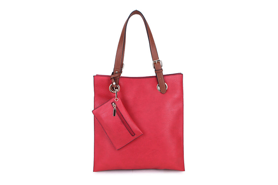 8805- Brown Strap Tote Bag - Red
