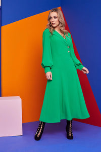 22128 Kate Cooper Puff Sleeve Dress with button detail- Emerald