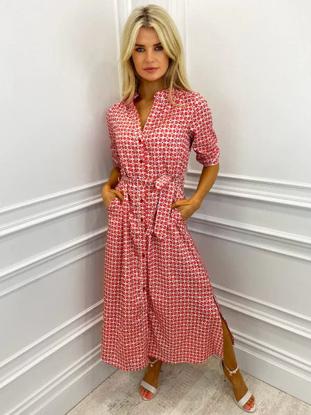 Kate & Pippa Geo Print Shirt Dress- Pink/Red mix