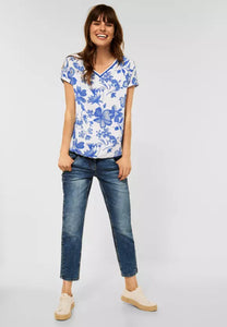 317828- Blue Flower Print & Stripe Top - Cecil