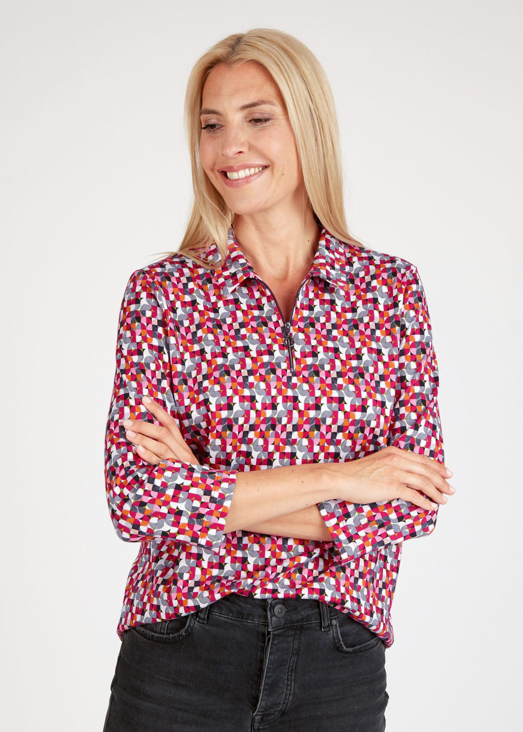 123358- Pink/Orange Print Collar Top - Rabe