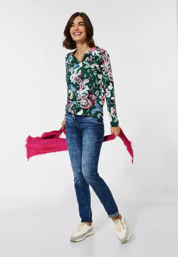318619 Paisley Print Long Sleeve Top- Green- Cecil