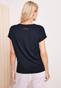 319618- V-neck printed deep blue T-shirt- Cecil – Fifty Seven Boutique