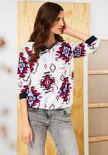 Load image into Gallery viewer, 343487 V Neck Top with Geo Print &amp; cuff- Cecil
