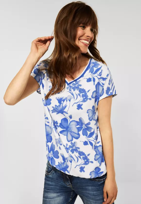 317828- Blue Flower Print & Stripe Top - Cecil