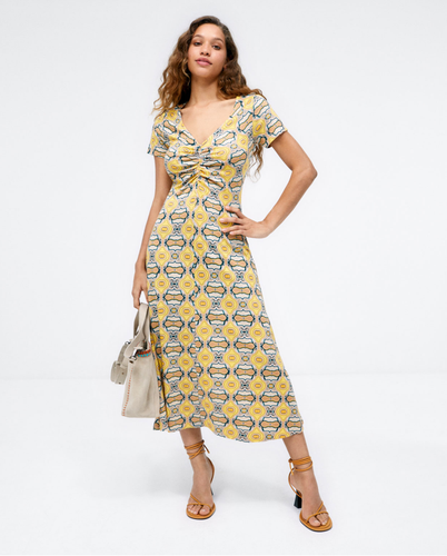 713- Midi Dress with Ruffled Neckline- Yellow Print- Surkana