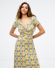 Load image into Gallery viewer, 713- Midi Dress with Ruffled Neckline- Yellow Print- Surkana