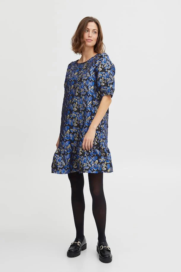 1397- Fransa Black & Blue Flower Print Dress
